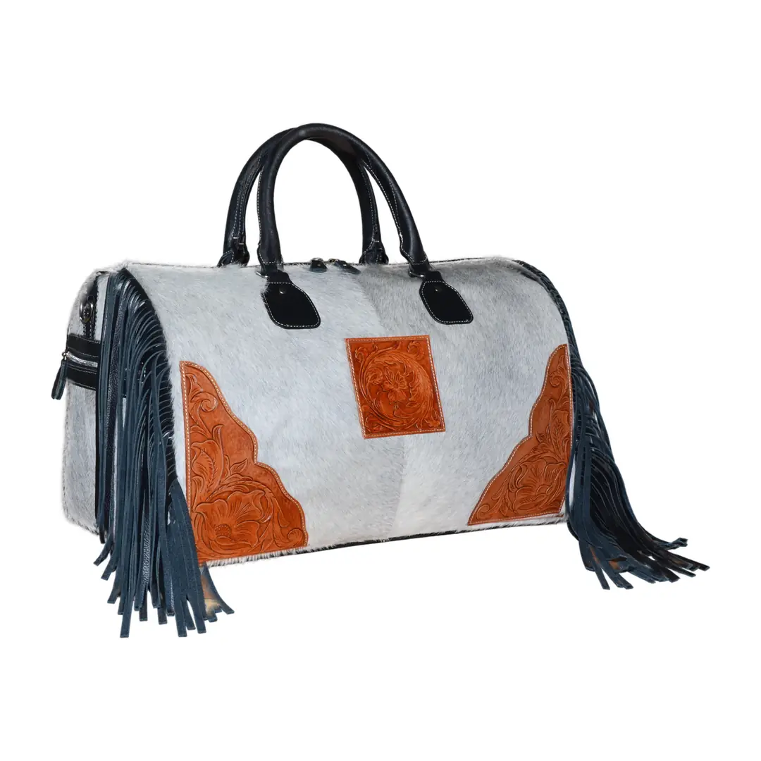 Hair on Hide Tooled Fringe Travel Duffel Bag Black & Gray - Image 4