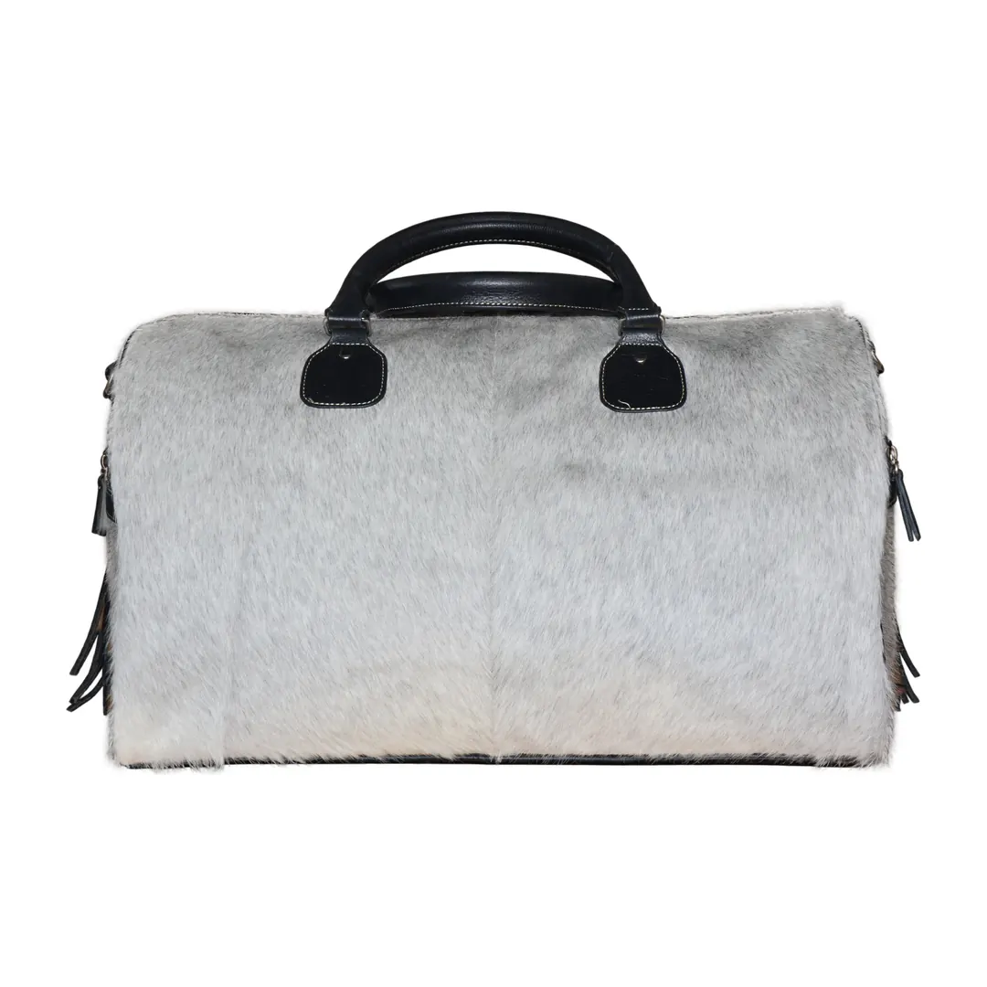 Hair on Hide Tooled Fringe Travel Duffel Bag Black & Gray - Image 5