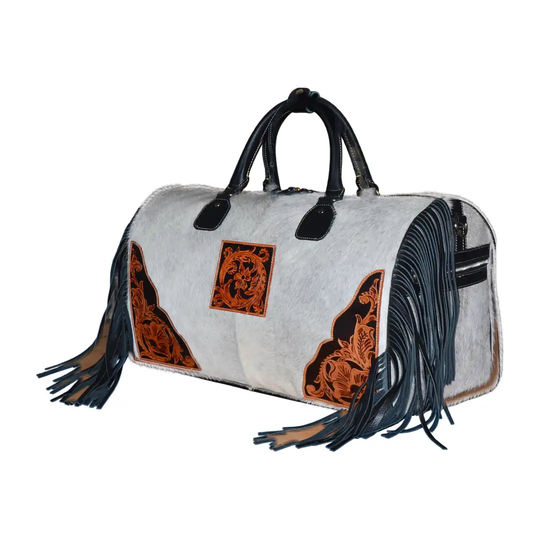 Hair on Hide Tooled Fringe Travel Duffel Bag Black & Gray - Image 6