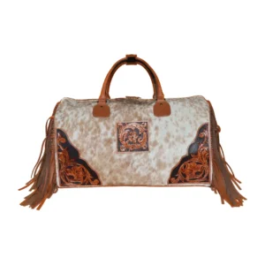 Hair on Hide Tooled Fringe Travel Duffel Bag Tan & White