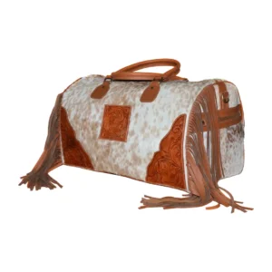 Hair on Hide Tooled Fringe Travel Duffel Bag Tan & White