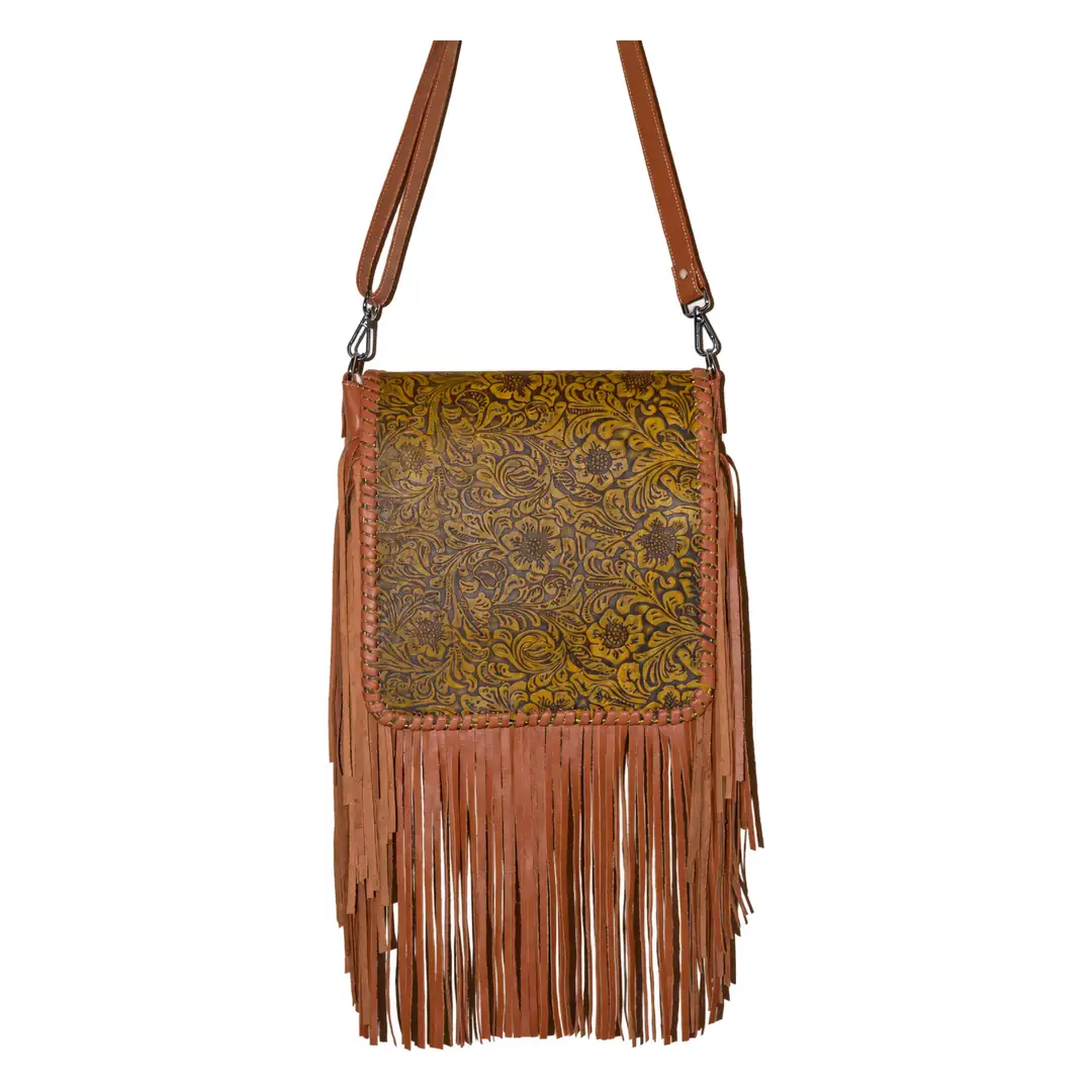 Hair on Hide Embossed Floral Panel Fringe Crossbody Bag Tan