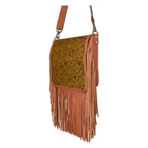 Hair on Hide Embossed Floral Panel Fringe Crossbody Bag Tan