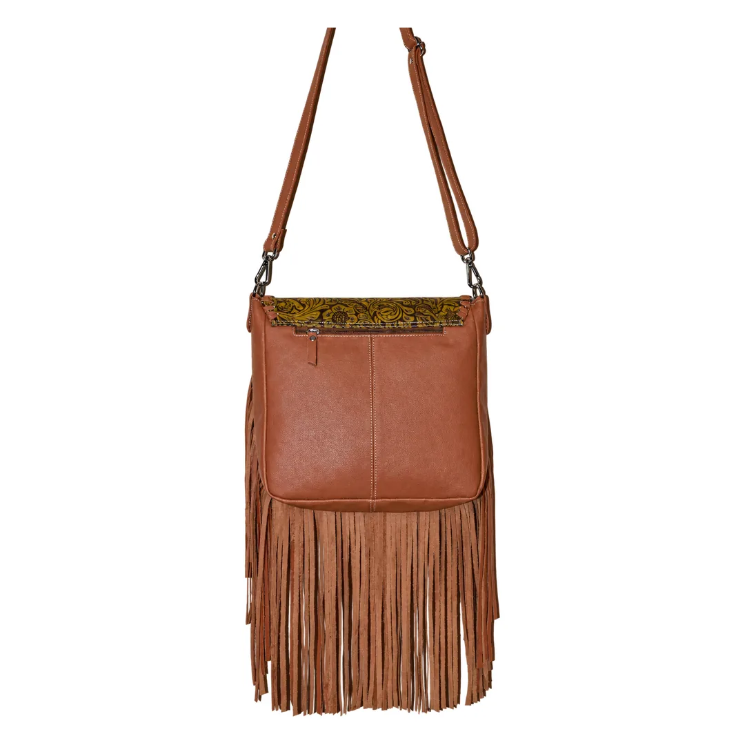 Hair on Hide Embossed Floral Panel Fringe Crossbody Bag Tan - Image 3
