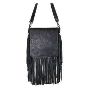 Hair on Hide Embossed Floral Panel Fringe Crossbody Bag Black