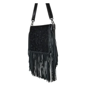 Hair on Hide Embossed Floral Panel Fringe Crossbody Bag Black
