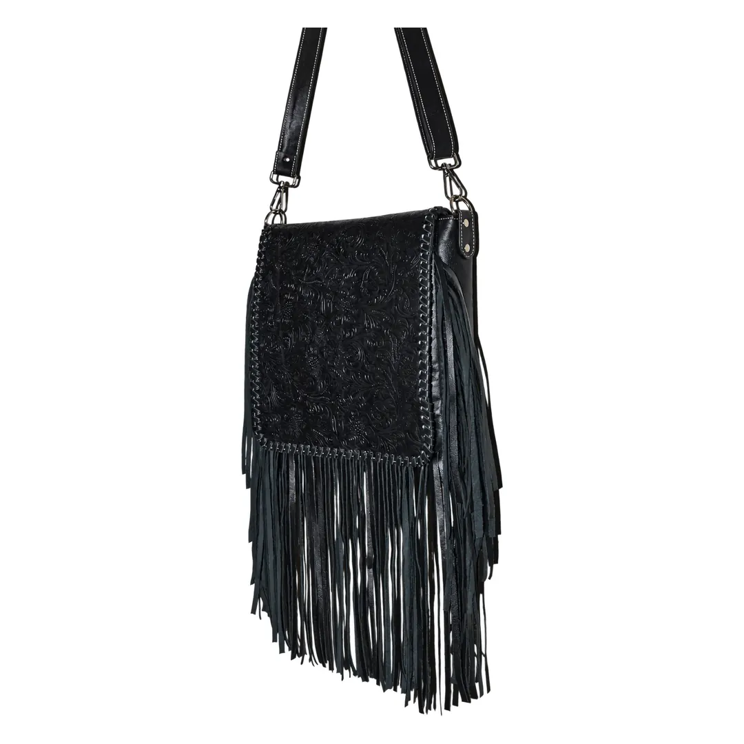 Hair on Hide Embossed Floral Panel Fringe Crossbody Bag Black - Image 2