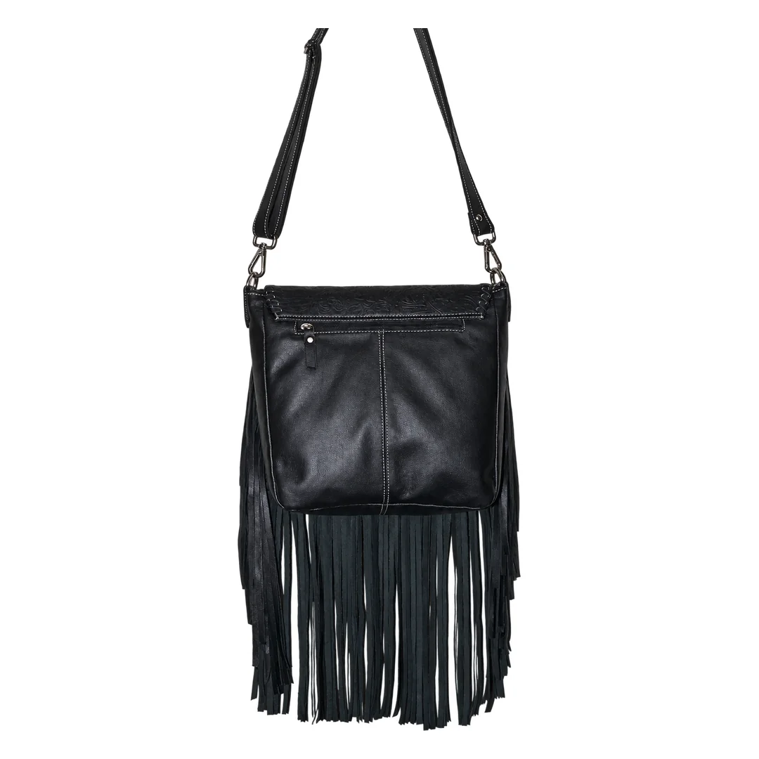 Hair on Hide Embossed Floral Panel Fringe Crossbody Bag Black - Image 3
