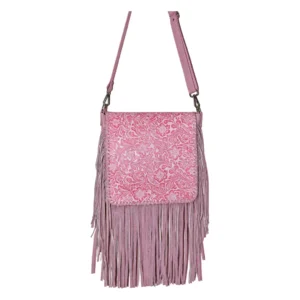 Hair on Hide Embossed Floral Panel Fringe Crossbody Bag Pink