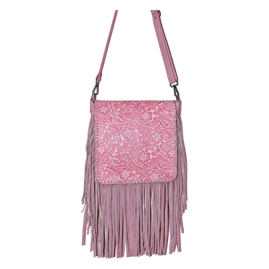 Hair on Hide Embossed Floral Panel Fringe Crossbody Bag Pink