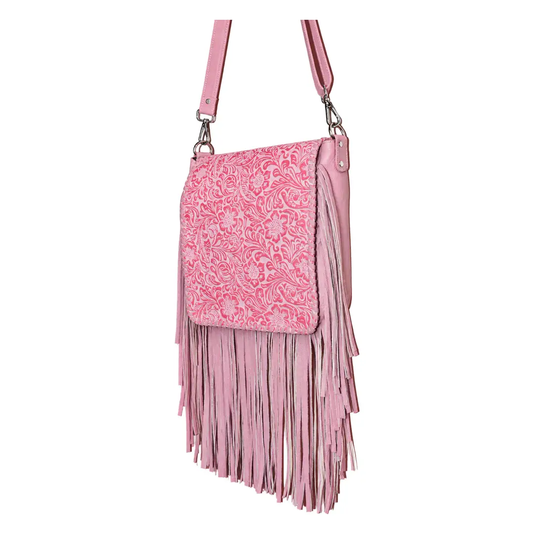 Hair on Hide Embossed Floral Panel Fringe Crossbody Bag Pink - Image 2