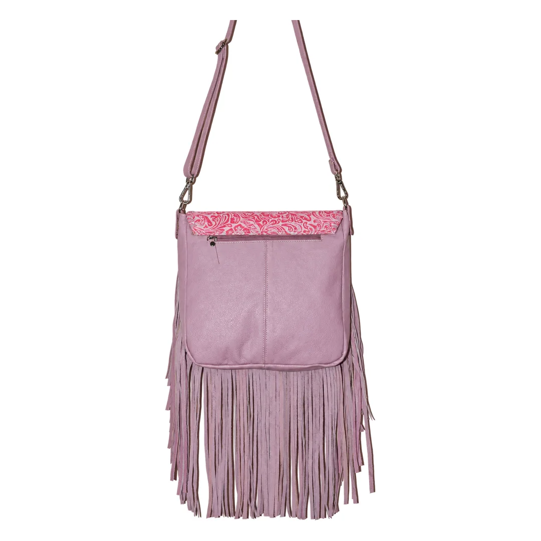 Hair on Hide Embossed Floral Panel Fringe Crossbody Bag Pink - Image 3