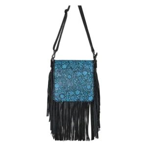Hair on Hide Embossed Floral Panel Fringe Crossbody Bag Black & Blue