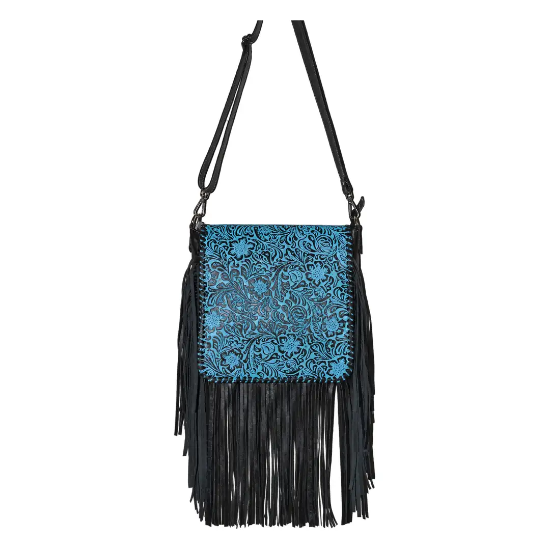 Hair on Hide Embossed Floral Panel Fringe Crossbody Bag Black & Blue