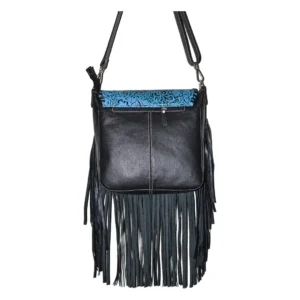 Hair on Hide Embossed Floral Panel Fringe Crossbody Bag Black & Blue