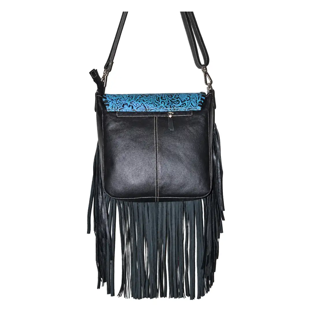 Hair on Hide Embossed Floral Panel Fringe Crossbody Bag Black & Blue - Image 2