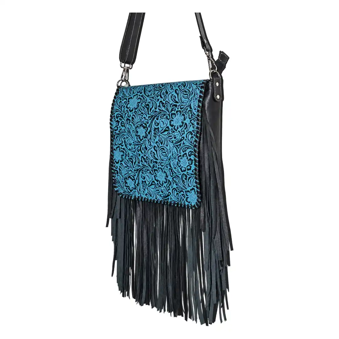 Hair on Hide Embossed Floral Panel Fringe Crossbody Bag Black & Blue - Image 3