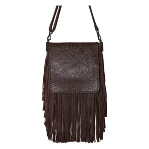 Hair on Hide Embossed Floral Panel Fringe Crossbody Bag Dark Brown
