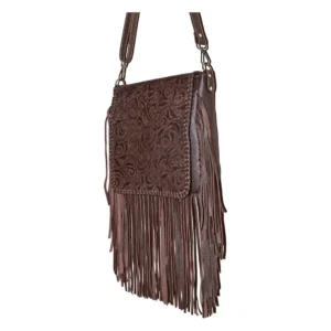 Hair on Hide Embossed Floral Panel Fringe Crossbody Bag Dark Brown