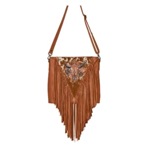 Hair on Hide Handcrafted Silver Horn Bull Patch Shoulder Bag Tan