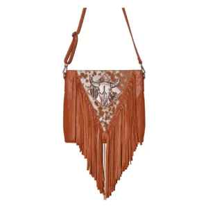 Hair on Hide Handcrafted Silver Horn Bull Patch Shoulder Bag Tan