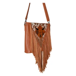 Hair on Hide Handcrafted Black Horn Bull Patch Shoulder Bag Tan