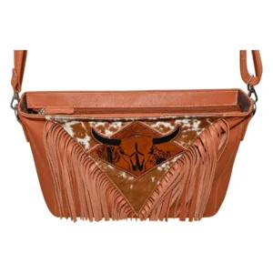 Hair on Hide Handcrafted Black Horn Bull Patch Shoulder Bag Tan
