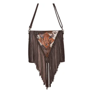 Hair on Hide Handcrafted Silver Horn Bull Patch Shoulder Bag Dark Brown