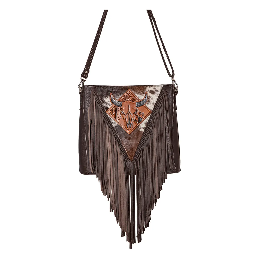 Hair on Hide Handcrafted Silver Horn Bull Patch Shoulder Bag Dark Brown