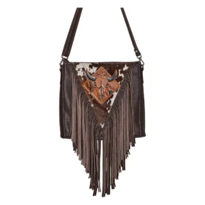 Hair on Hide Handcrafted Silver Horn Bull Patch Shoulder Bag Dark Brown