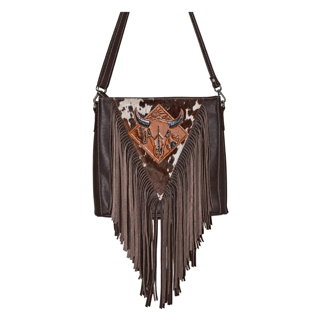 Hair on Hide Handcrafted Silver Horn Bull Patch Shoulder Bag Dark Brown - Image 2