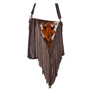 Hair on Hide Handcrafted Black Horn Bull Patch Shoulder Bag Dark Brown