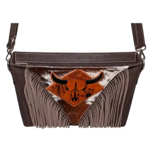 Hair on Hide Handcrafted Black Horn Bull Patch Shoulder Bag Dark Brown