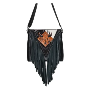 Hair on Hide Handcrafted Silver Horn Bull Patch Shoulder Bag Black