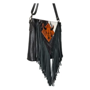 Hair on Hide Handcrafted Black Horn Bull Patch Shoulder Bag Black