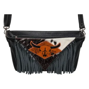 Hair on Hide Handcrafted Black Horn Bull Patch Shoulder Bag Black