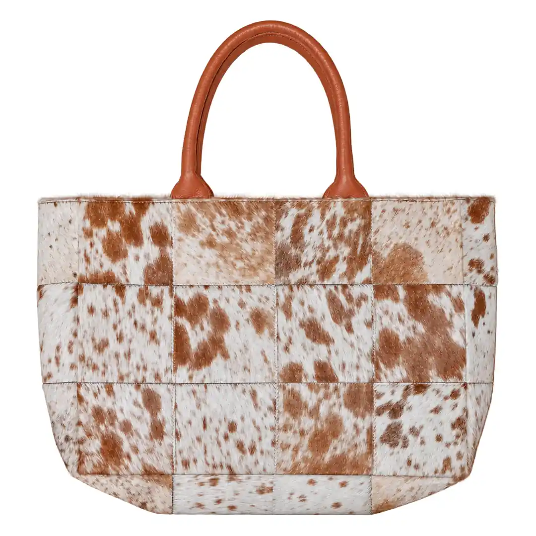 Hair on Hide Patchwork Tote Bag Tan & White