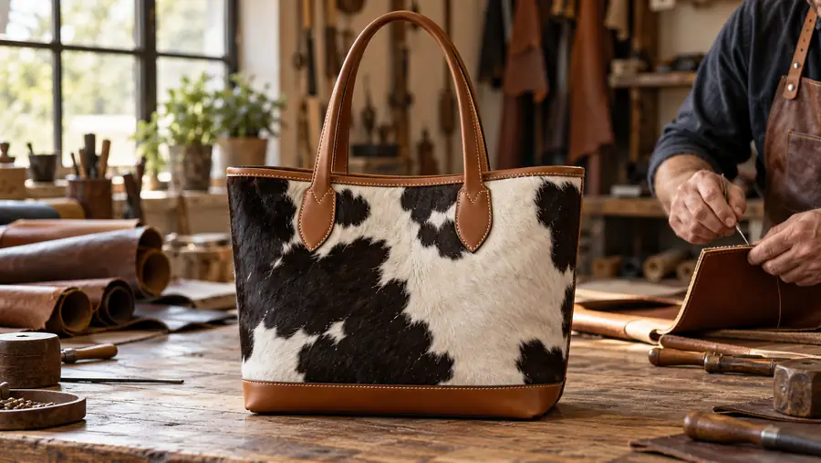 Handcrafted black and white cowhide tote bag with tan leather handles in a leather workshop.”